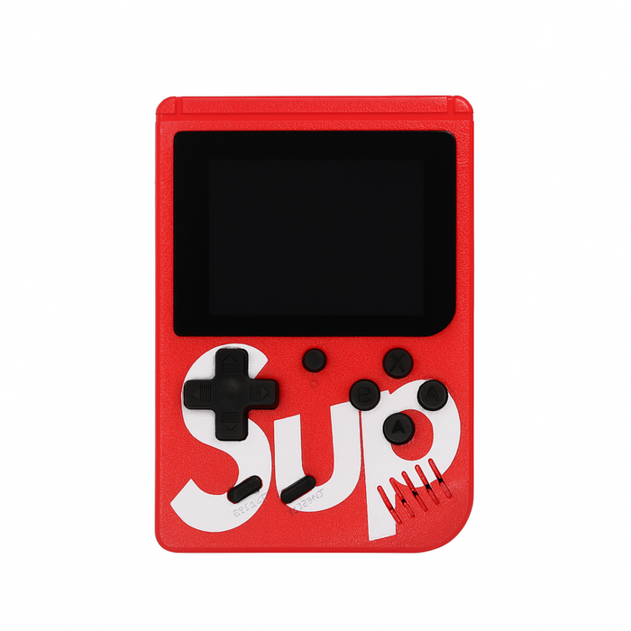 Red handheld gaming console with 'SUP' design on a white background