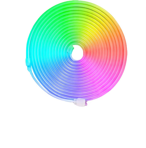 Coiled rainbow-colored LED strip light on a white background