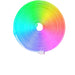 Coiled rainbow-colored LED strip light on a white background