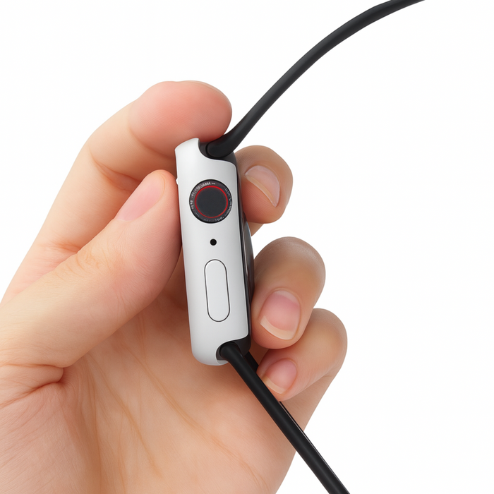 Hand holding a white electronic device with a black cable on a white background