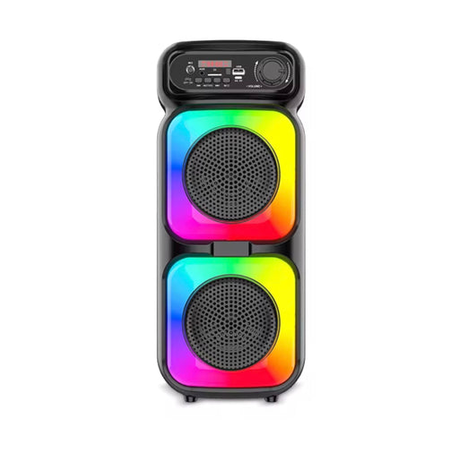 Colorful portable speaker with RGB lighting on a white background