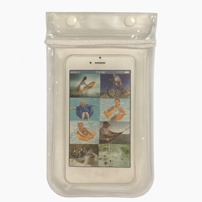 Clear phone pouch with images of people engaging in various activities on a white background