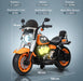 Children's toy motorcycle with specifications on a gray background