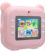 Pink children's toy camera with a screen displaying colorful icons on a white background