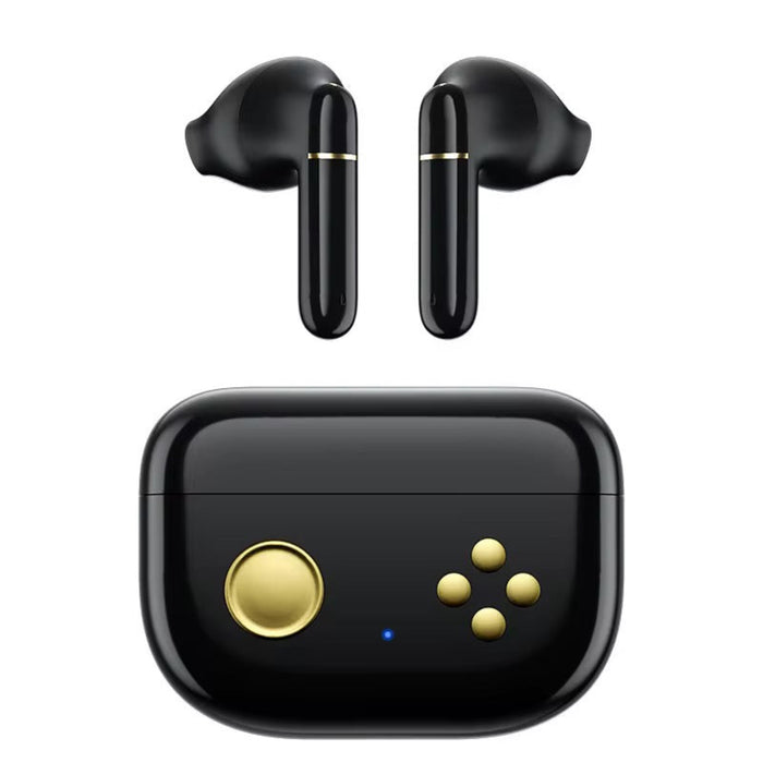 Black wireless earbuds with charging case on a white background