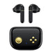 Black wireless earbuds with charging case on a white background
