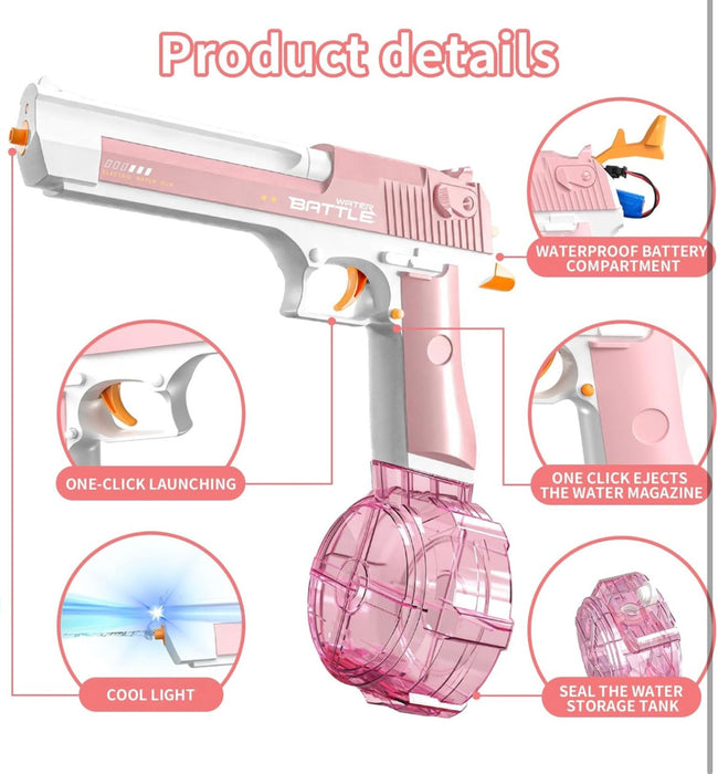 Pink and white water gun with features highlighted on a white background
