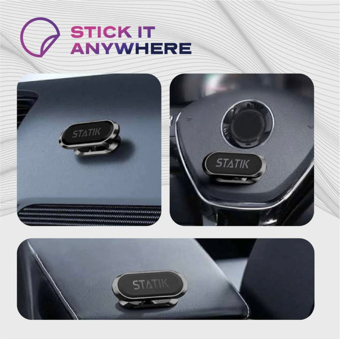 STATIK adhesive product shown on a car vent and surface with 'Stick It Anywhere' text.