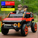 Two children in a red and black toy SUV with promotional text about its features.