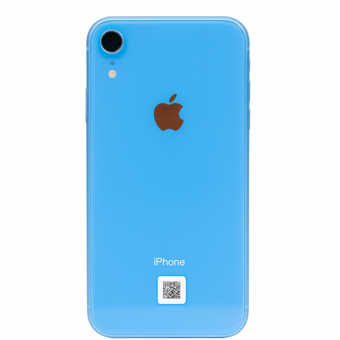 Blue iPhone XR with Apple logo on a white background