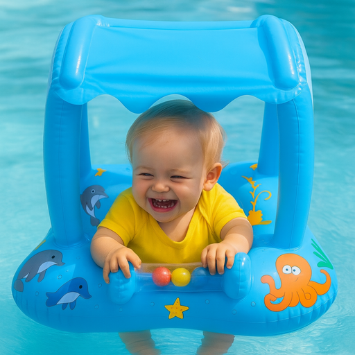 Child in a blue inflatable pool seat with ocean-themed decorations in a pool.