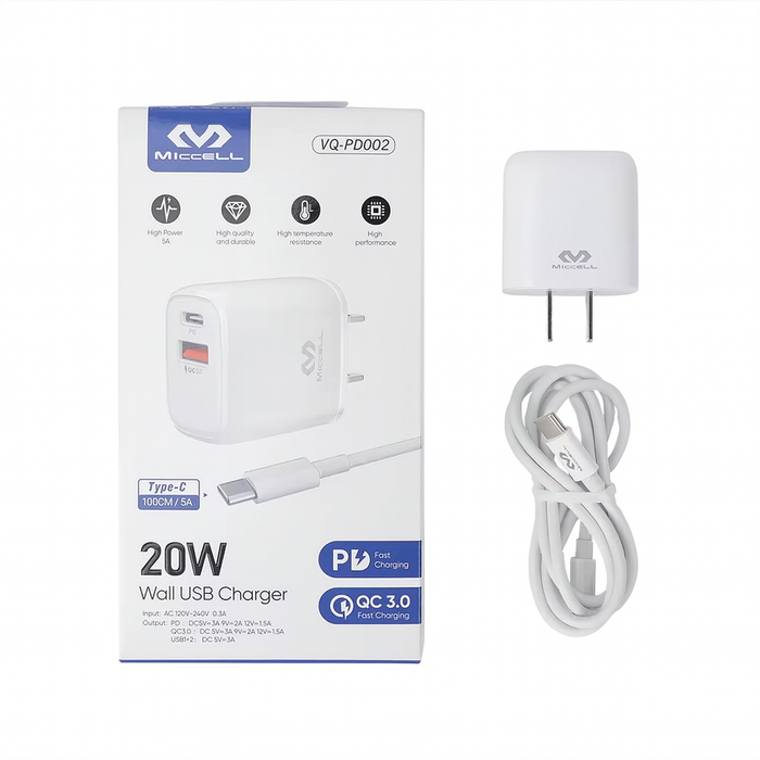 Miccell 20W Wall USB Charger – Type-C PD + QC 3.0 Fast Charging Adapter
