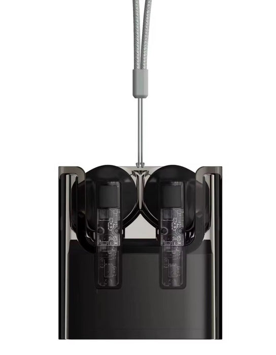 Black kitchen appliance with two bottles inside on a white background