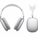 White over-ear headphones with a charging case on a white background