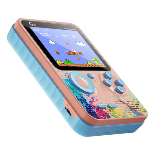 Colorful handheld gaming device with a screen displaying a game.