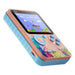 Colorful handheld gaming device with a screen displaying a game.