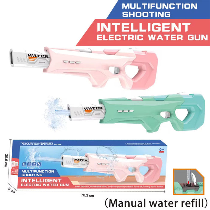 Multifunctional intelligent electric water gun with packaging on a white background