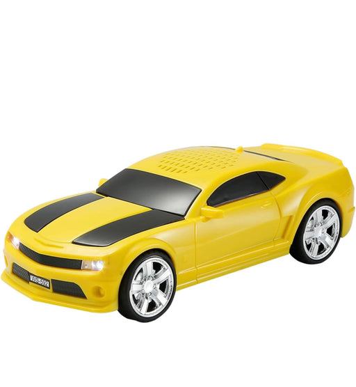 Yellow toy car with black stripes on a white background