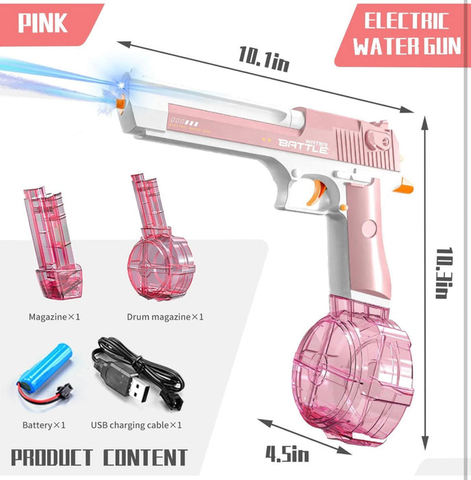 Pink electric water gun with accessories on a white background
