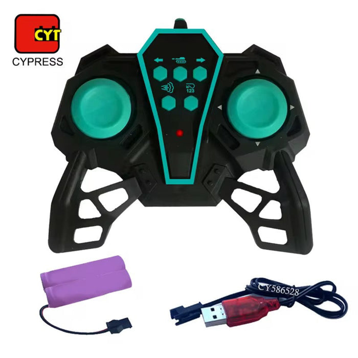 Control panel with green buttons, purple battery pack, and USB cable on a white background, featuring Cypress brand.