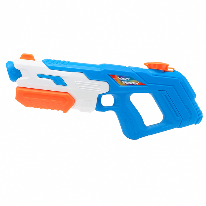 Blue and orange toy gun with 'Super Soaker' branding on a white background