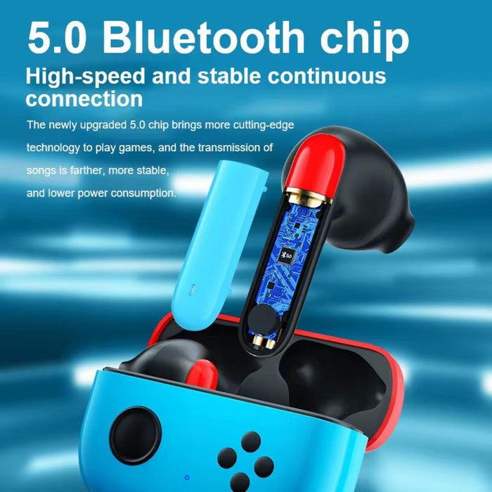 TWS wireless earbuds with charging case on a blue background, highlighting 5.0 Bluetooth chip features.