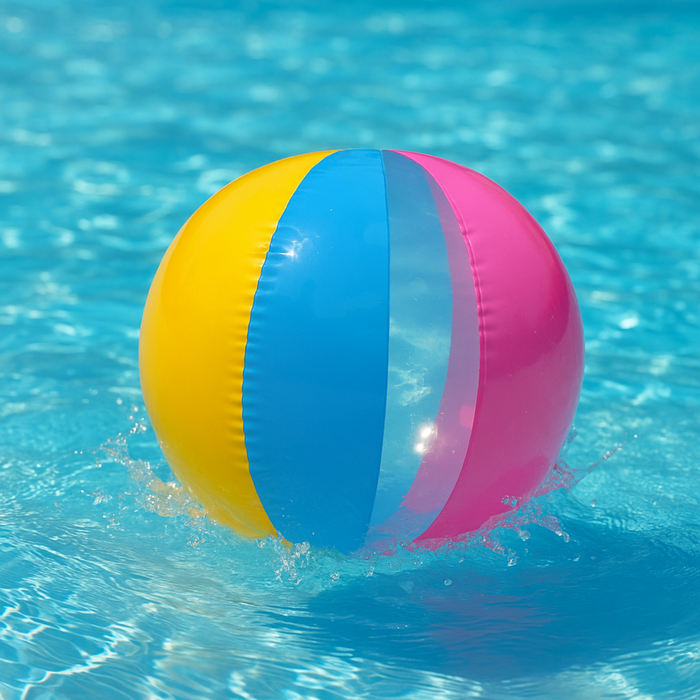 Colorful beach ball with yellow, blue, and pink sections floating in clear blue water.