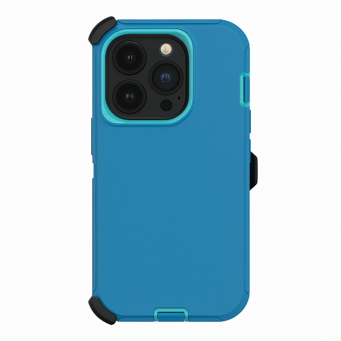 Blue phone case with black accents on a white background