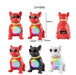 Red, black, and white dog-shaped speakers with sunglasses on a white background