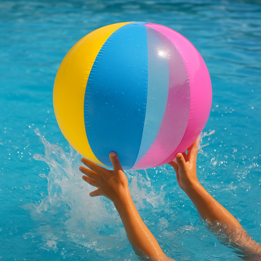 Colorful beach ball being held above a pool with water splashing around