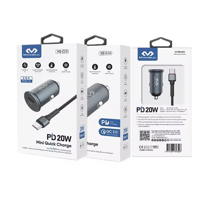 Miccell 20W PD USB-C Car Charger – Black | UPC: 0615068616508