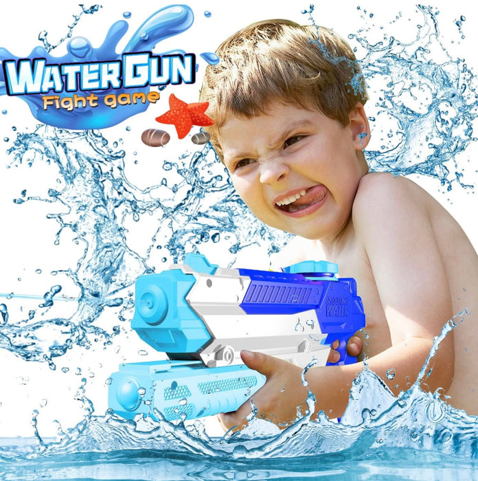 Child playing with a water gun surrounded by water splashes and the text 'Water Gun Fight Game'.