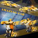 Transforming toy car with robot and car modes on a blue and yellow background
