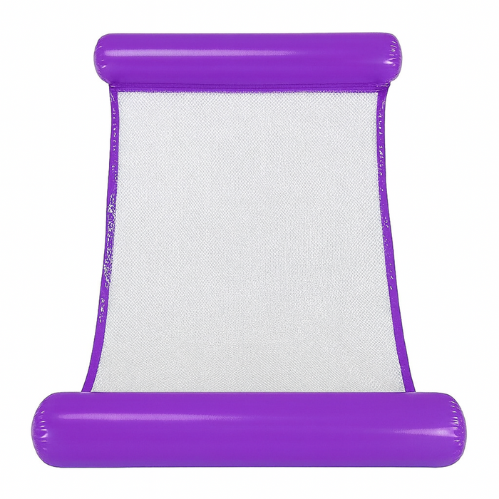 Purple inflatable pool lounge with mesh seat on a white background
