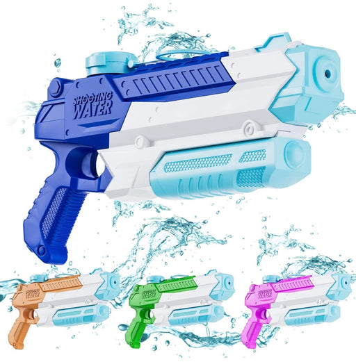 Colorful water gun set with water splashes on a white background