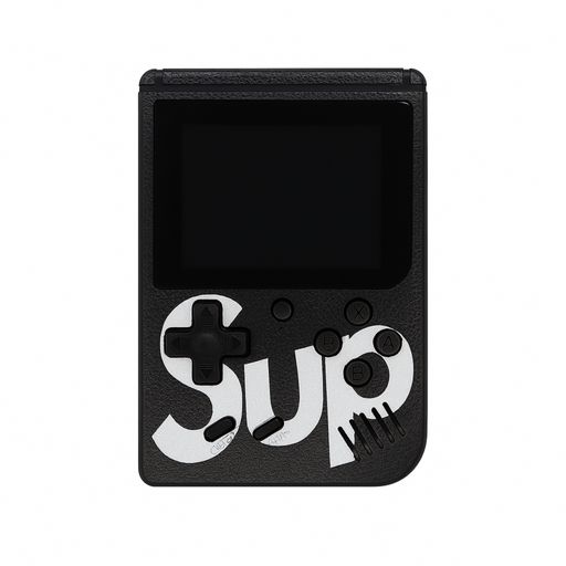 Black handheld gaming device with 'SUP' text on a white background