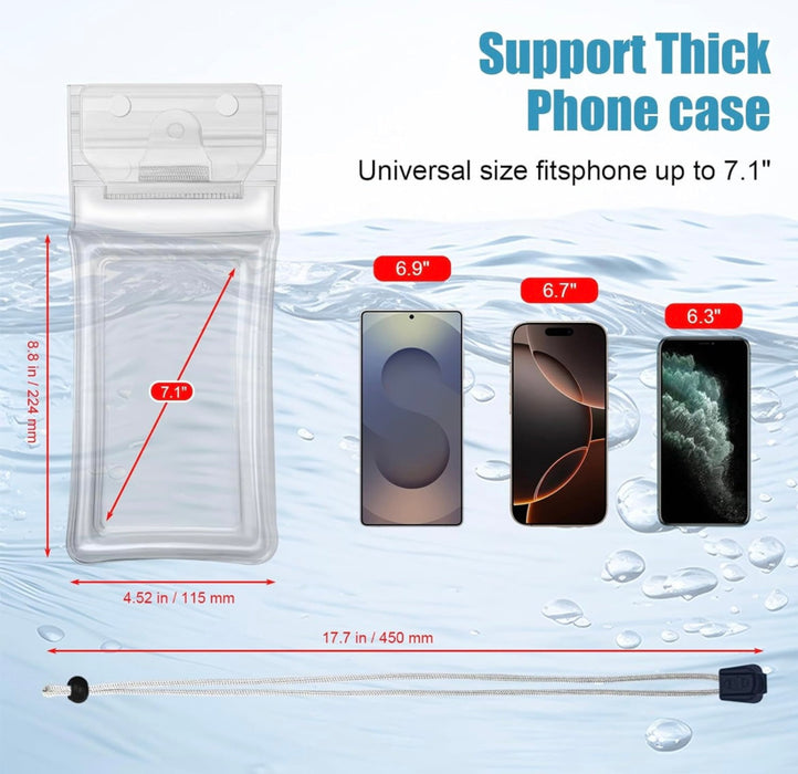 Phone case with dimensions and compatibility for various phone sizes on a water-themed background