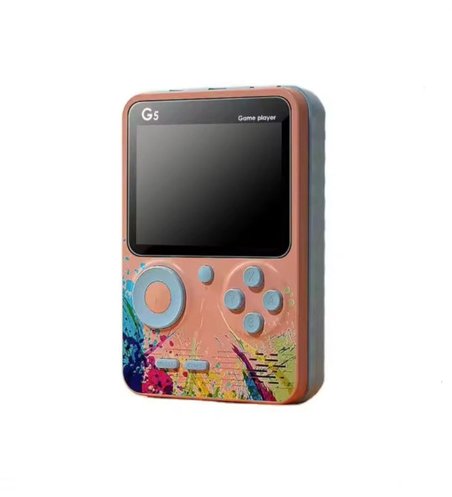 Handheld game player with colorful design on a white background
