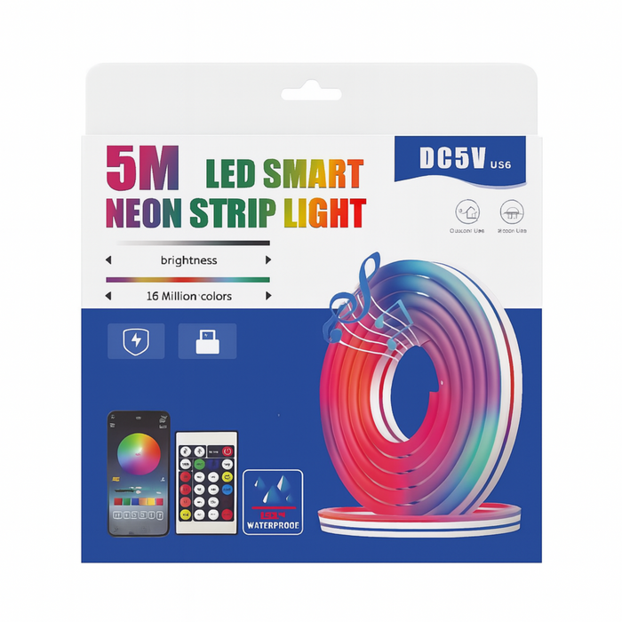 5M LED Smart Neon Strip Light – RGB Color Changing with Remote and App Control (USB, DC 5V, Waterproof)