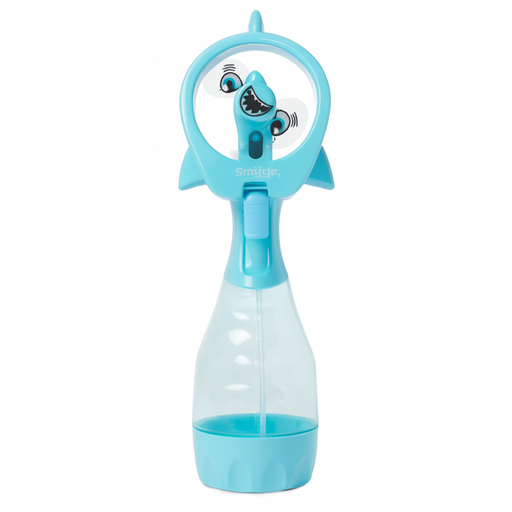 Blue and clear handheld sprayer with a shark design on a white background