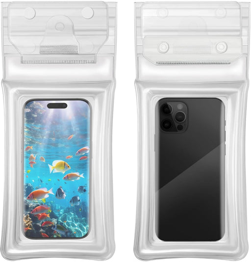 Two waterproof phone cases with one showing an underwater scene and the other displaying a black phone.