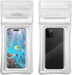 Two waterproof phone cases with one showing an underwater scene and the other displaying a black phone.