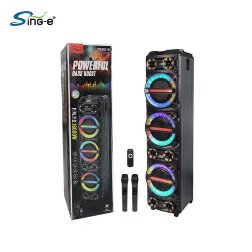 Sing-e PA system with colorful LED lights and packaging on a white background