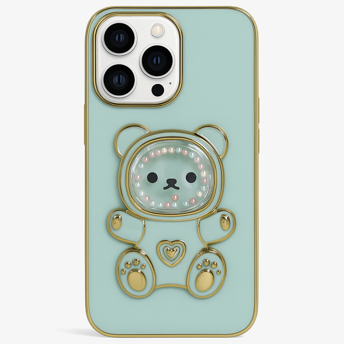 Teddy Bear Kickstand Case for iPhone 16 Pro Max – Glossy Finish with Gold Trim & Pearl Details