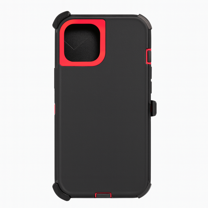 Black phone case with red accents on a white background