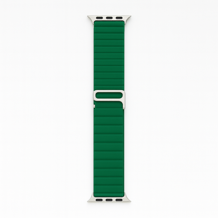Green watch strap with silver hardware on a white background