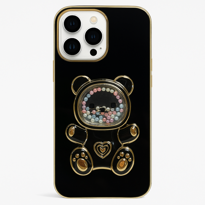 Teddy Bear Kickstand Case for iPhone 16 Pro Max – Glossy Finish with Gold Trim & Pearl Details