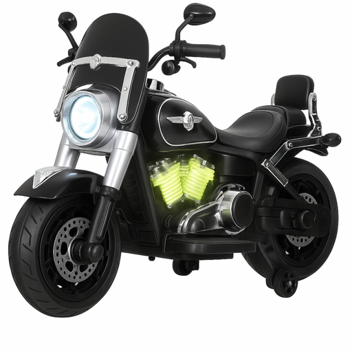 Black toy motorcycle with glowing yellow engine on a white background
