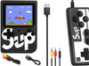 Handheld gaming console with 'Sup' branding, USB cable, and audio cables on a white background.