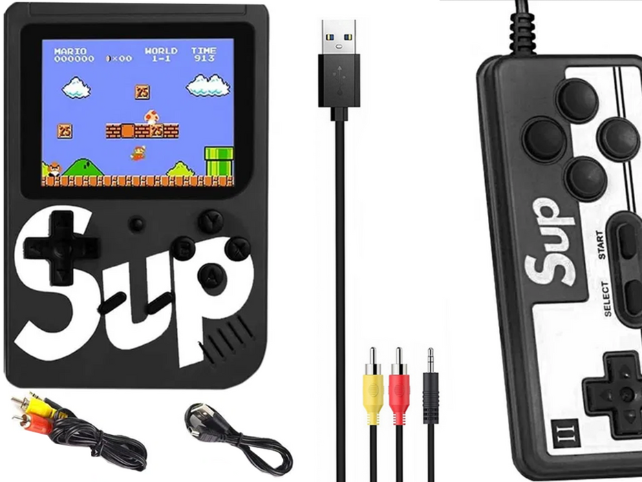 Handheld gaming console with 'Sup' branding, USB cable, and audio cables on a white background.